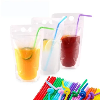 

50PCS Disposable 500ml Juice Coffee Liquid Bag Vertical Zipper Seal Drink Bag Clear Drink Pouches With Straw Party Tableware N06
