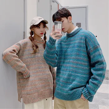 

Winter New Striped Sweater Men's Warm Fashion Contrast Color Casual Knit Pullover Man Streetwear Wild Loose Couple Sweater