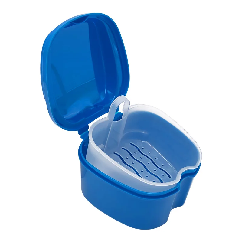 Milue Denture Bath Case False Teeth Storage Box Hanging Net Container Rinsing Basket Deep Blue