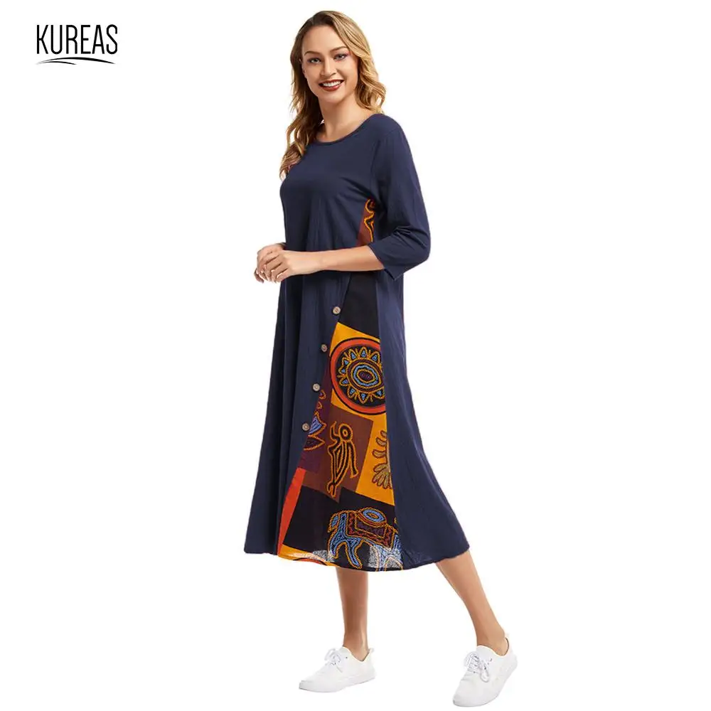 

Kureas Women's Midi Dress Winter Autumn Elegant A Line Baggy Dresses National Style Printed Patchwork Buttons Decor Casual