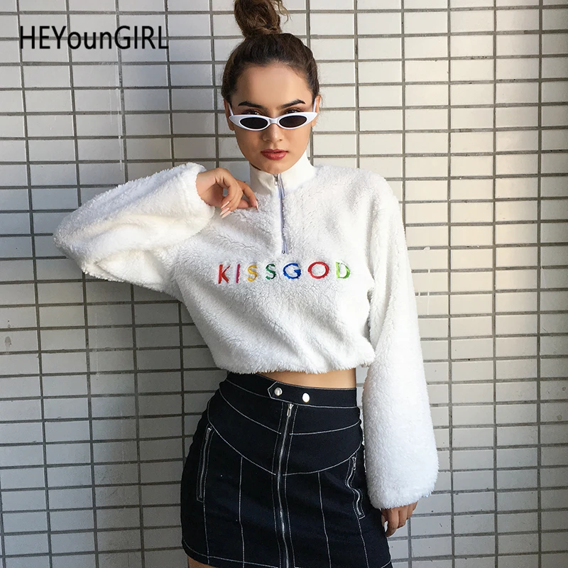 

HEYounGIRL Autumn Furry Crop Sweatshirt Women White Casual Long Sleeve Hoodies Korean Embroidery Harajuku Pullover Ladies Winter