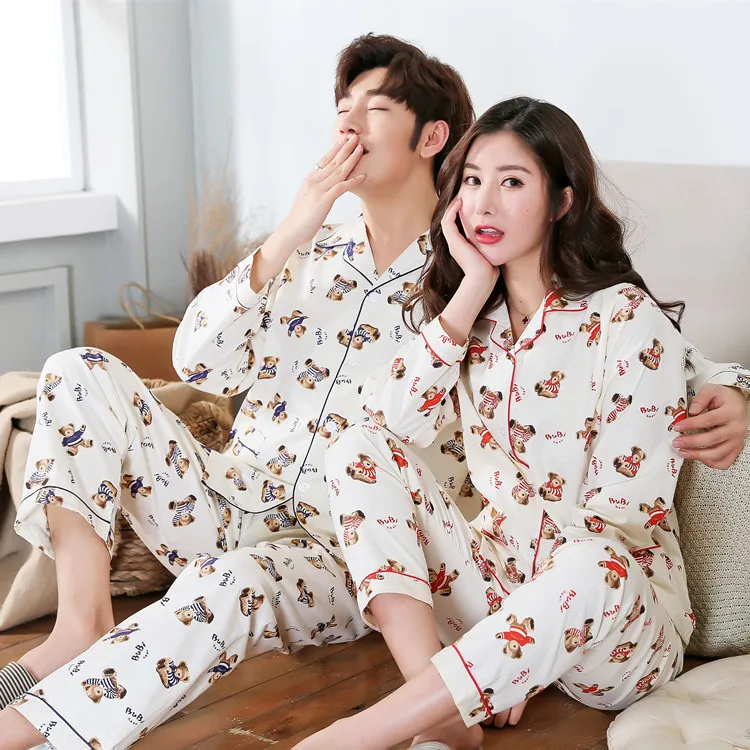 

2020 Spring New Style Warm Couples Bear Printed Long Sleeve Pajamas Cardigan Homewear Set