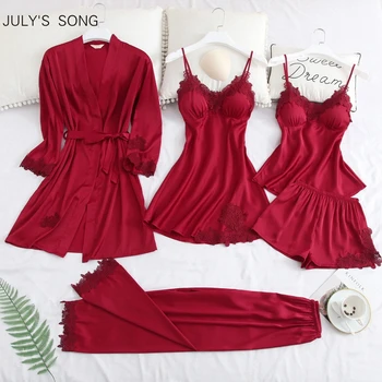 

JULY'S SONG Piece Pajamas Set Sexy Lace Stain Women Pajamas Faux Silk Dressing Gown Lace Summer Robe Sleepwear With Chest Pads