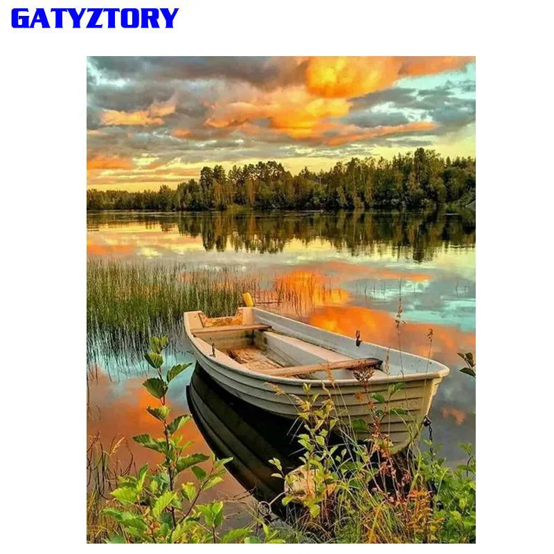 GATYZTORY рамка DIY картина по номерам Комплект лодка озеро пейзаж Современная Настенная Художественная Картина ручная роспись маслом для домашнего декора
