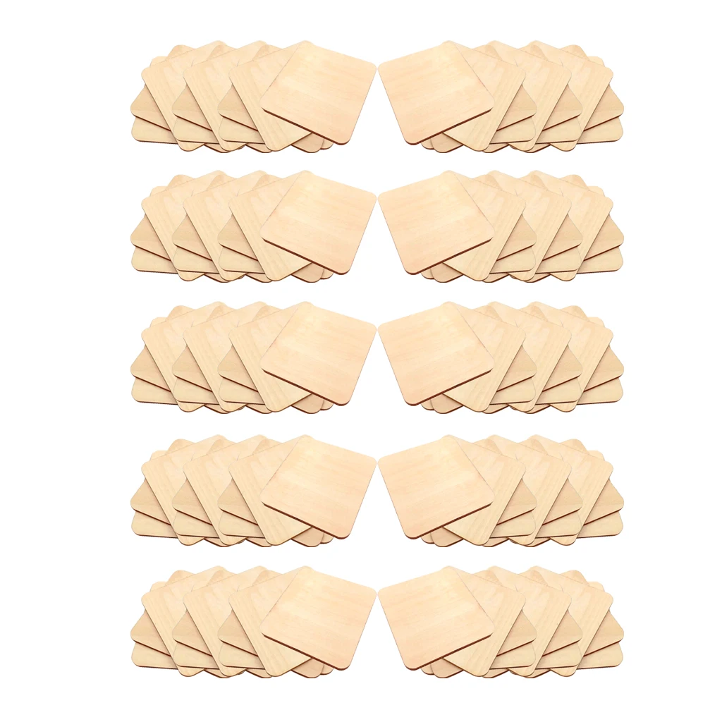 100Pcs Unfinished Wood Square Pieces, Blank Ornaments Wooden Cutouts for DIY Craft Project, Decoration