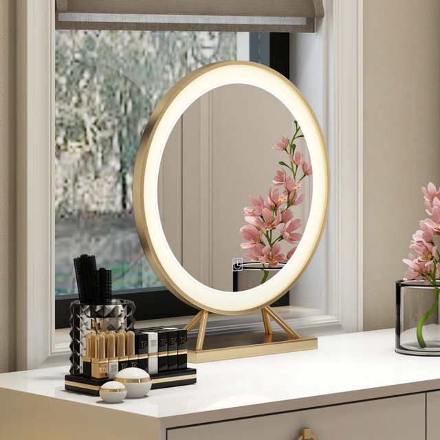 Miroir de maquillage LED intelligent doré, décor de bureau d'hôtel, base de  stockage de source