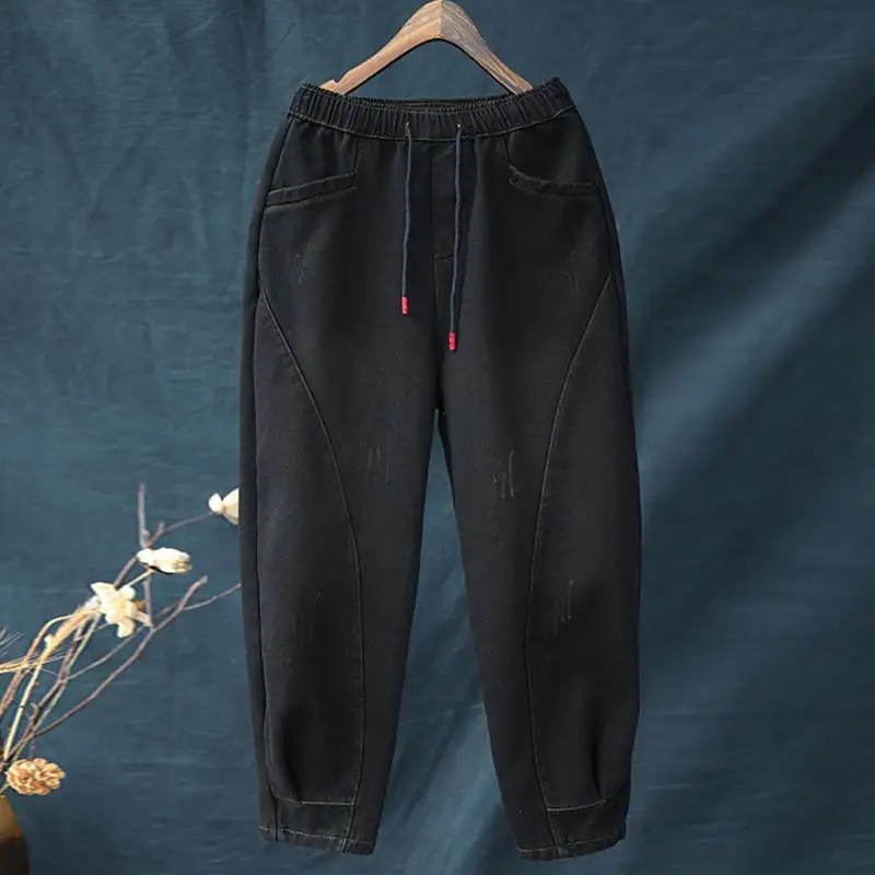Новинка, зимние свободные удобные универсальные длинные утепленные плюшевые джинсовые штаны, повседневные женские прямые брюки в стиле ретро - Цвет: Черный