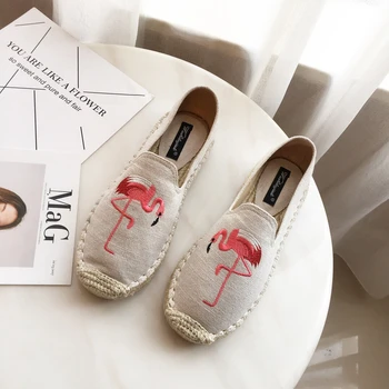 

Women Canvas Flamingo Embroidery Espadrilles Hemp Insole Flats Embroidered Slipony Shoes