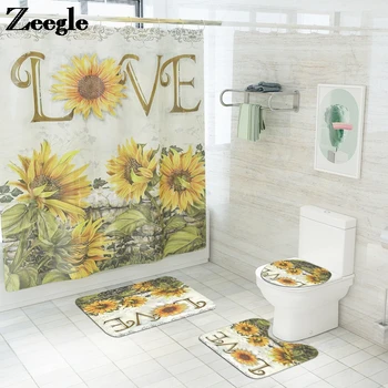 

Scenic Floral Bathroom Mat Absorbent Non-Slip Bath Floor Rug Toilet Carpet Rugs Foot with Shower Curtain Suit Mechanical Wash