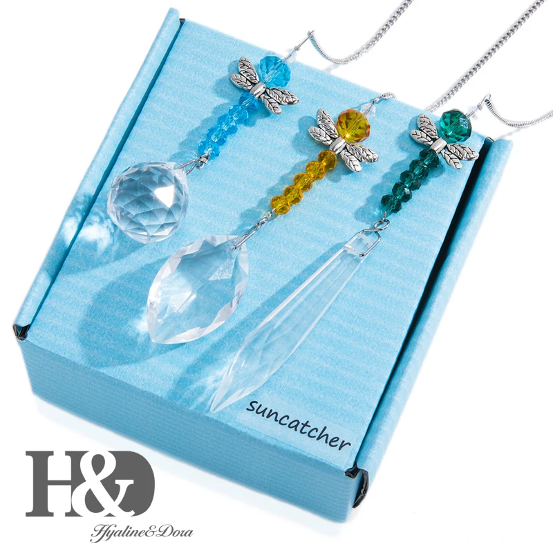 H&D Set of 3, Hanging Chandelier Crystals Prisms Pendants Dragonfly Ball Chakra Suncatcher Rainbow Maker Garden Home Decoration