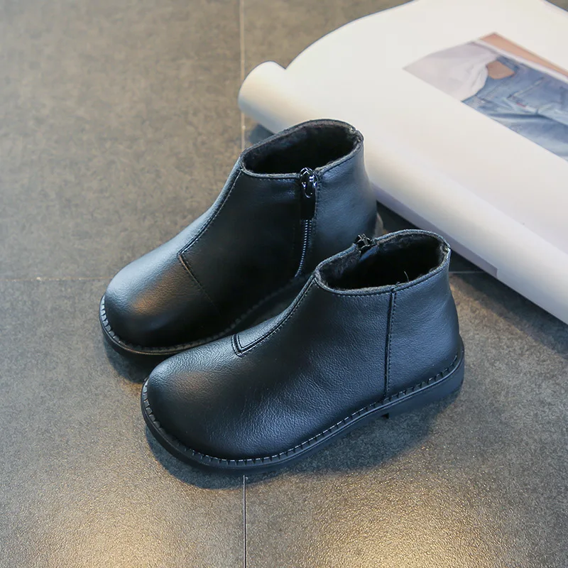 Boys and Girls Martin Boots Autumn Winter New Korean Version of Children's Leather Boot Plus Velvet To Keep Warm Kid's Shoes | Детская