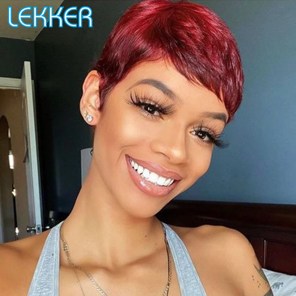 Lekker Red Short Straight Pixie Cut T Part Lace Front Human Hair Wig For Women Colored Brazilian Remy 613 Glueless Wigs - Part Lace Wigs - AliExpress