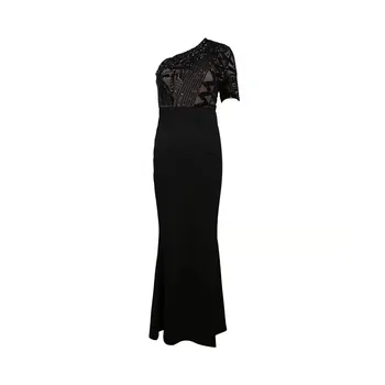 

Elegant One Shoulder Short Sleeve Black Gowns Women Fashion Sequined Mesh Slash Neck Sexy Backless Celebrity Party Long Dresses