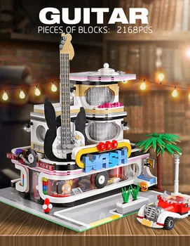 

City Buildings Street View In Blocks Guitar House Bricks Creator Expert Assembly Square With Light Modular Children Toys 16002