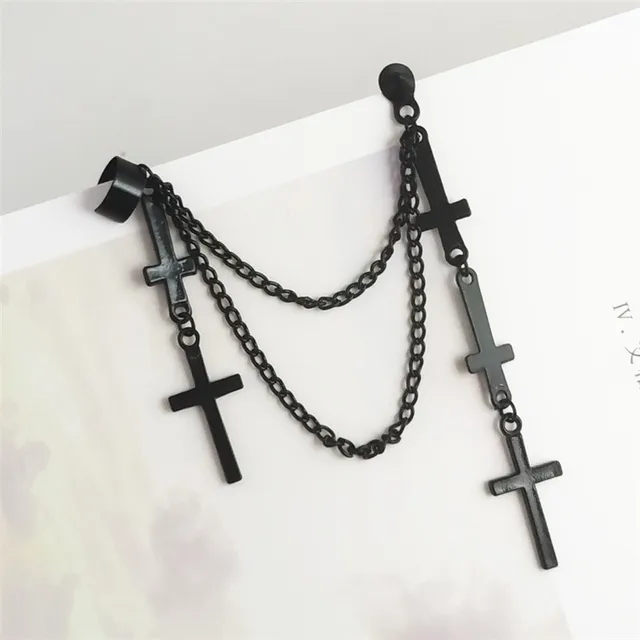 Fashion Punk Black Cross Drop Earrings For Teens Vintage Rock Pride Long Chain Butterfly Ear Cuffs Women Earrings Girls Jewelry Black one
