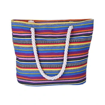 

Women Gradient color stripe hemp rope canvas Portable shoulder bag(Blue Yellow Stripes)