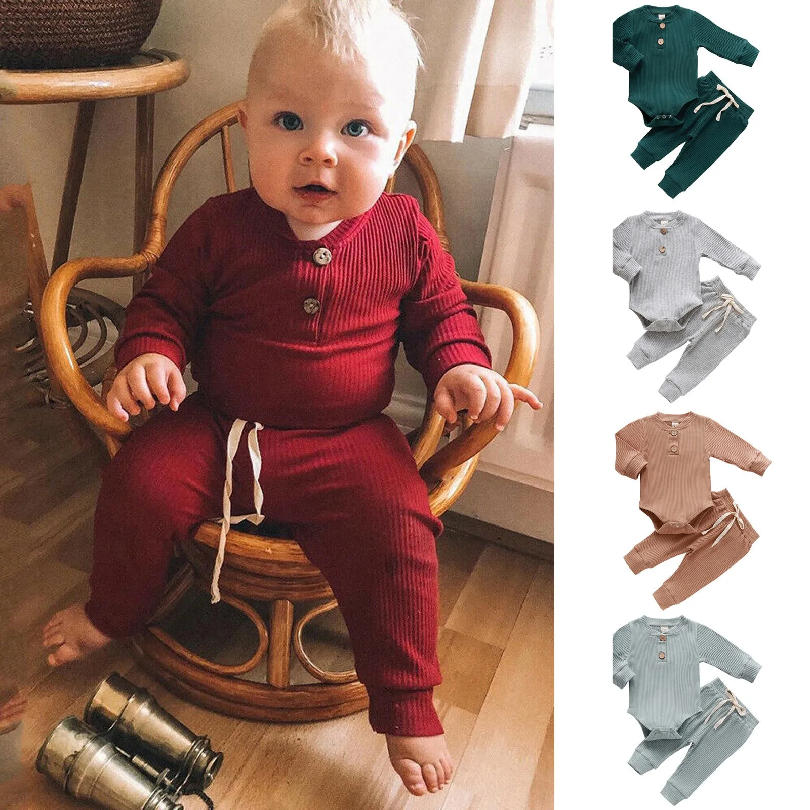 Monos acanalados de manga larga para bebés y niños recién nacidos, conjunto de ropa con pantalones elásticos, pelele para bebés #30