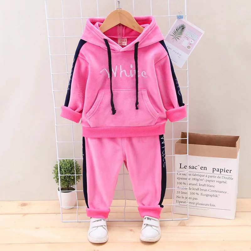 Goedkoop 2019 Herfst Winter Sport Kinderen Kleding Suits Kids Dikke Fluwelen Hooded Broek 2 stks sets Jongens Meisjes Trainingspak Baby Sweatsuit
