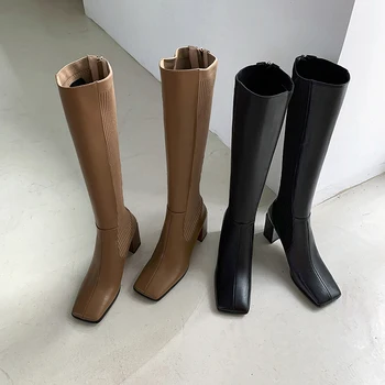 

Concise Genuine Leather Thick High Heels boots Fashion Square Toe Female Knee High Boots Winter Party Casual Shoes Woman