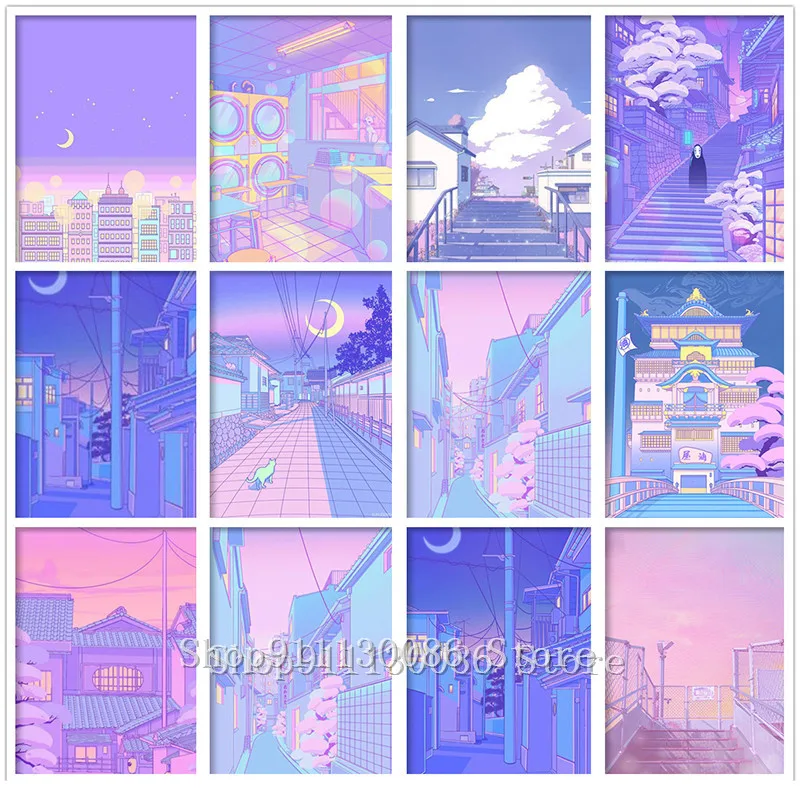 5D DIY Diamond Painting Cartoon Anime Colorful Street View Purple Illustration Mosaic Embroidery Cross Stitch Home Decor | Дом и сад