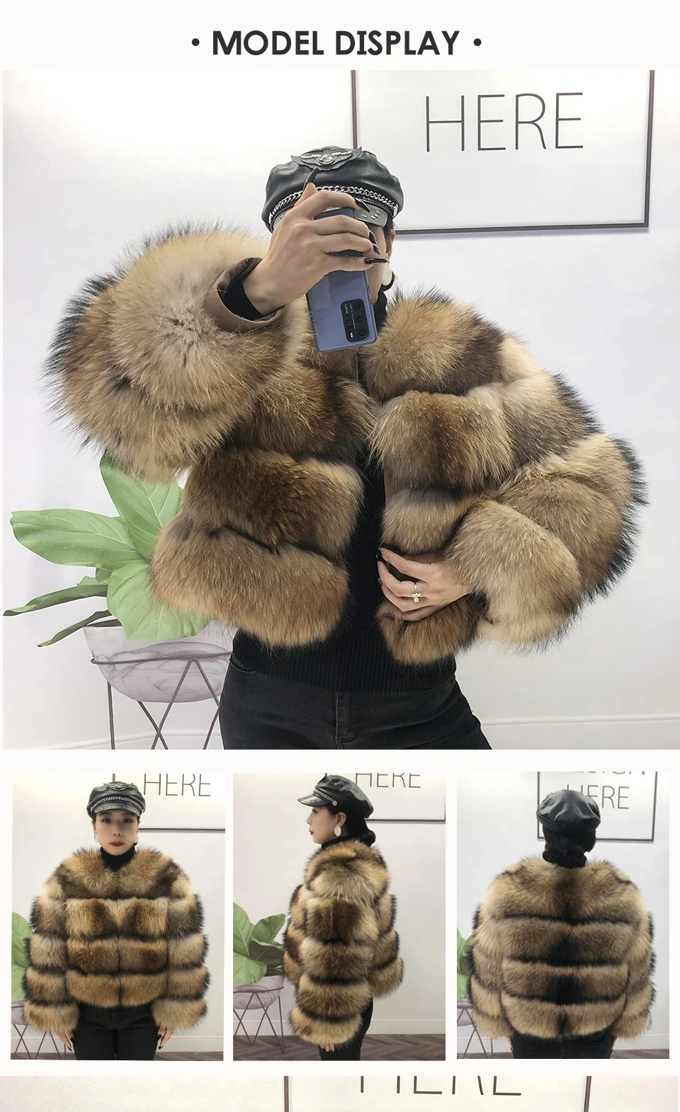Real Fur Raccoon Winter Coat  Silver Fox Fur Jacket Round Neck Warm Thick Coat