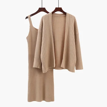 

Women Two Piece Sets Sweater Knitted Tracksuit Suit Spring Autumn Casual Sweaters Jarket And Knee-Length Skirts Female Clothes