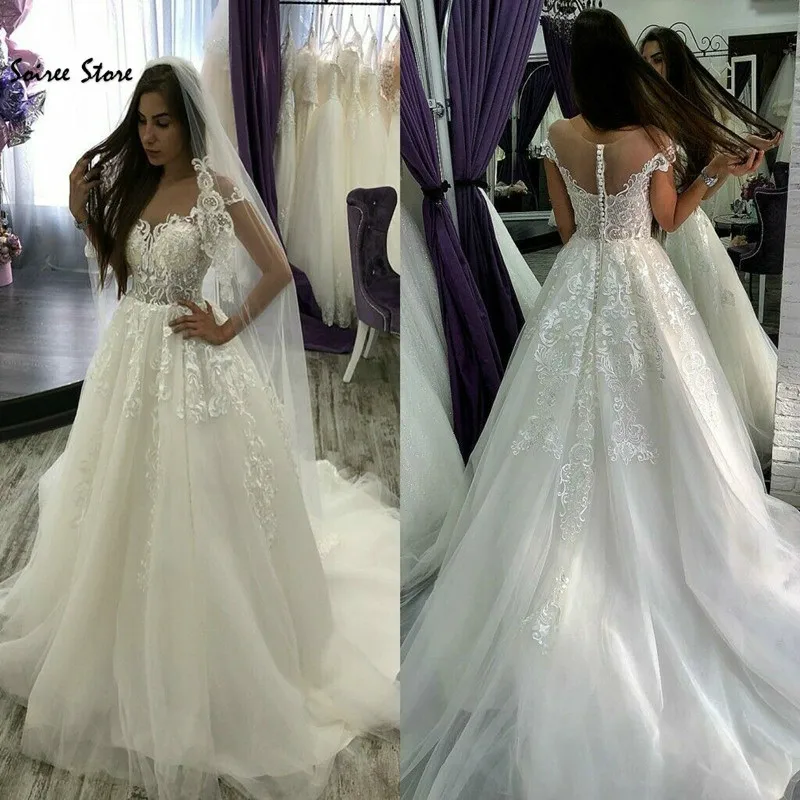 

Fairy Boho Wedding Dress White A Line Lace Beach Wedding Dresses Illusion Neck Cinderella Short Sleeve Bride Gown robe de mariee