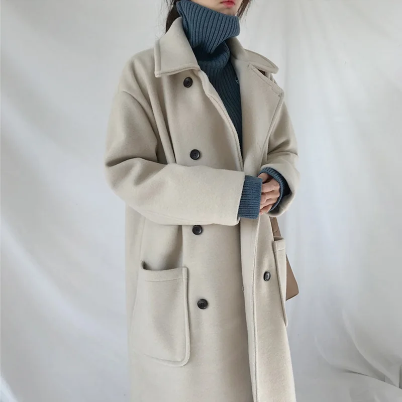 

Women's woolen coat fashion solid color jacket female Autumn and winter solid color loose warm long ladies jacket Fashion top