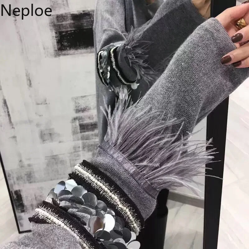 Neploe осенне-зимний модный свитер, пуловер, Женская длинная рубашка, Свободный толстый джемпер с кисточками, расшитый блестками, вязаные свитера