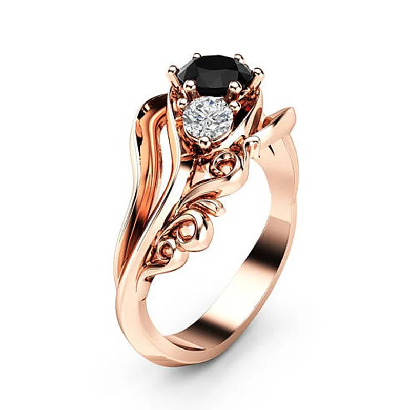 Huitan Witch Ring Unique Black Stone Prong Setting Twist Band Design Rose Gold Color Women Engagement Finger Rings Wholesale