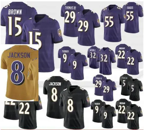 

8 Lamar Jackson Football Jerseys 29 Earl Thomas 15 Marquise Brown 9 Justin Tucker 55 Suggs 22 Mark Ingram 81 Ravens Hurst 2019