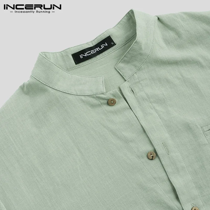 INCERUN Long Sleeve Men Casual Shirt Button Cotton Solid Stand Collar Retro Vintage Brand Shirts Men Camisa Masculina 5XL