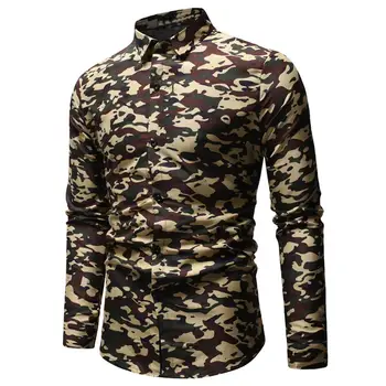

Fashion Men Camouflage Print Turn Down Collar Long Sleeve Shirt Button Slim Top
