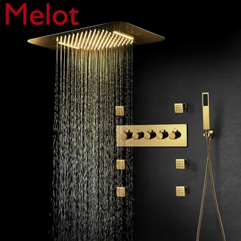 

Ti-PVD Gold Shower Systems Bathroom Faucets Rain Shower Set Music LED Shower Head Thermostatic Brass Concealed Mixer