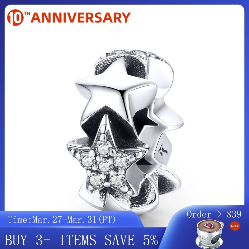 

CodeMonkey Genuine 925 Sterling Silver Little Star to Star Beads Clear CZ Spacer fit Women Bracelets Bangles Jewelry Making C929