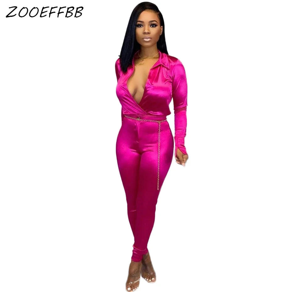 ZOOEFFBB сексуальные атласные комбинезоны женские комбинезон Rave Bodycon Комбинезоны цельный осень зима наряд с длинным рукавом Глубокий V шеи комбинезоны