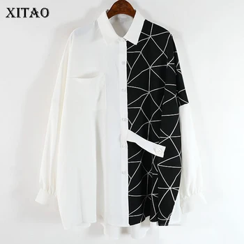 

XITAO Fashion Simple Womens Tops and Blouses Geometric Print Contrast Stitching Shirt Plus Size Women Clothes 2020 New DMY4485
