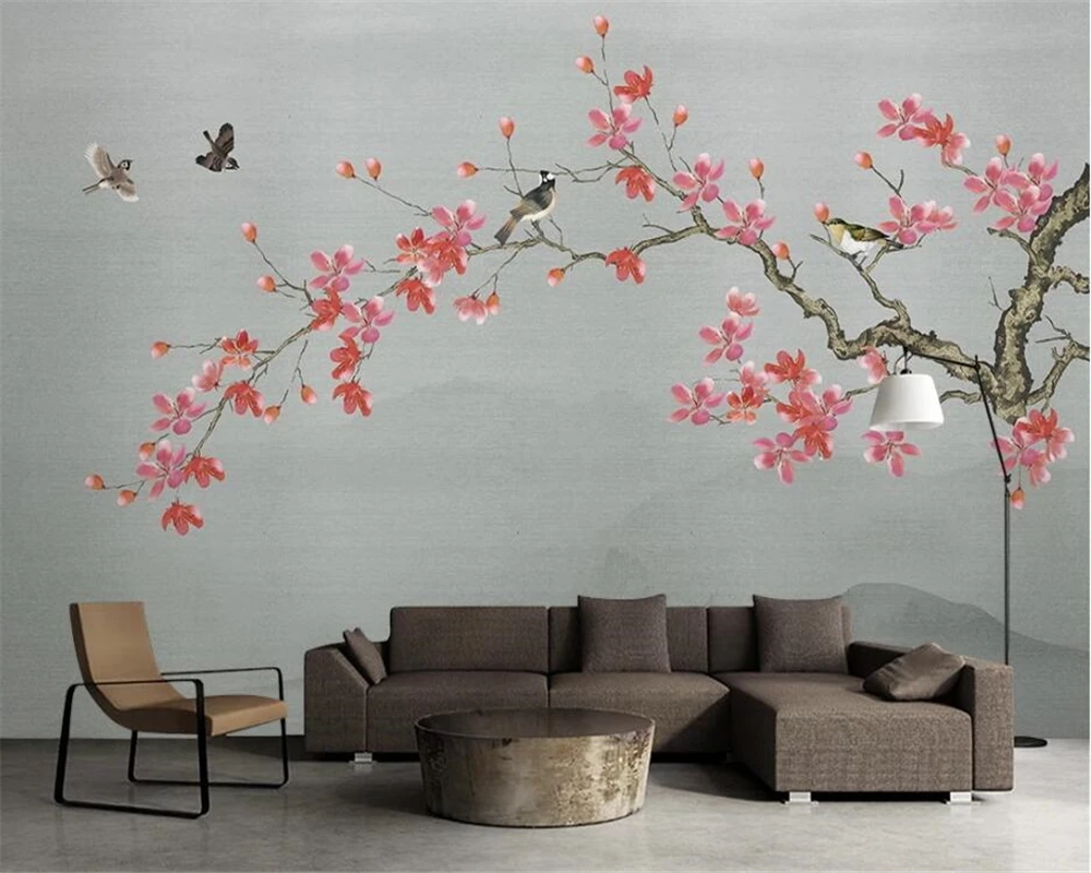 

beibehang Customize modern new Chinese style hand-painted flowers birds plum blossom background papel de parede wallpaper