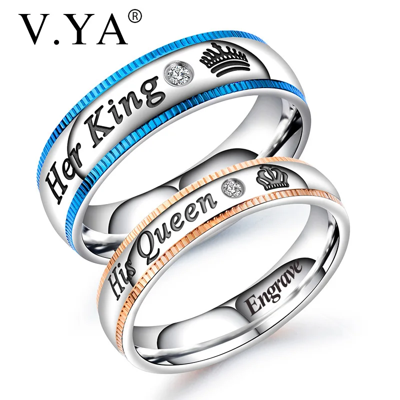 cheap V.YA Customized Titanium Steel Couple Ring Her King His Queen Stainless Steel Rings for women men engagement Jewelry accessories