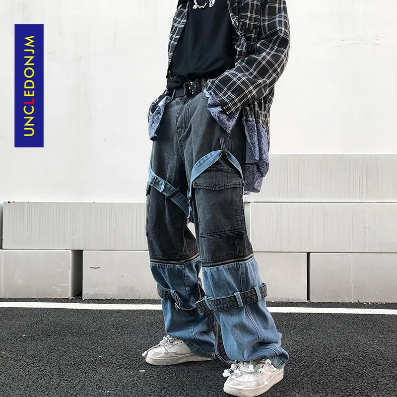 

UNCLEDONJM Detachable Jeans Contrasting Color Stitching Jeans Men's Hip-hop Multi-Pockets Bib Overall Zipper mens jeans AD-2097