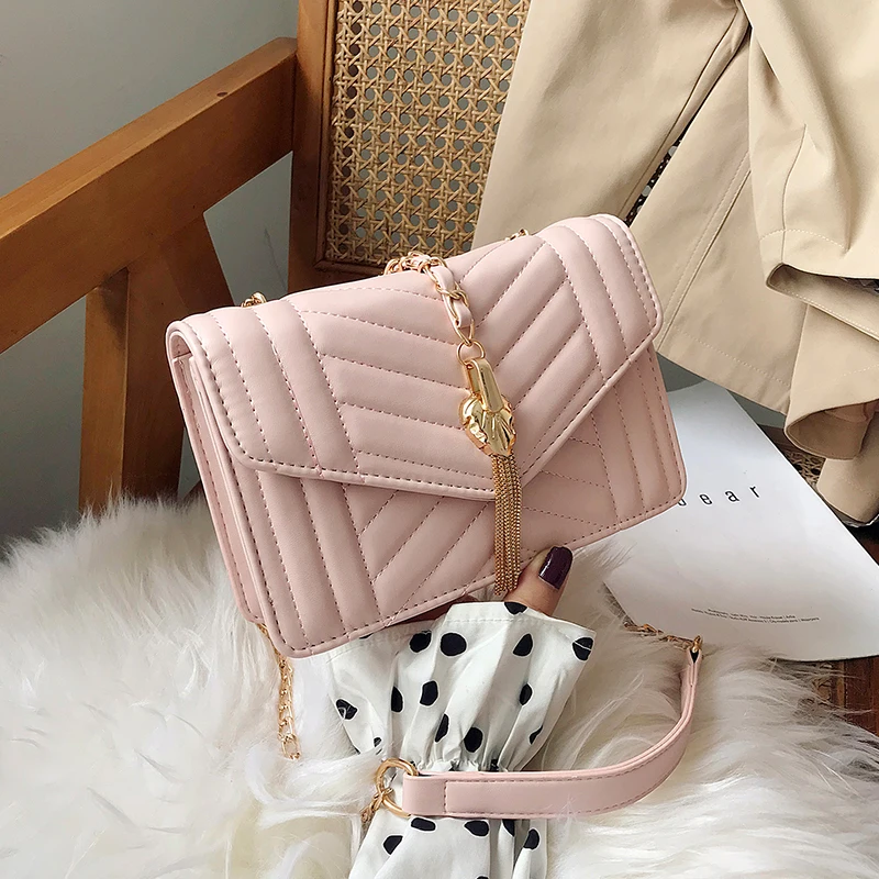 Pink Элегантный женский манжет квадратная сумка модная новая качественная женская дизайнерская сумка из искусственной кожи с кисточками на цепочке сумка-мессенджер - Цвет: Pink