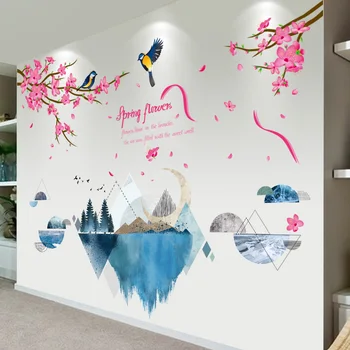 

[shijuekongjian] Plum Flower Blossom Wall Stickers DIY Mountain River Trees Wall Decals for Kindergarten House Decoration