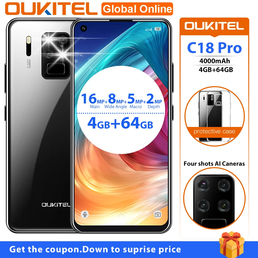 OUKITEL C18 Pro 6 55 дюймов Android 9 0 смартфон 4 камеры заднего Octa Core 4G Оперативная память 64G