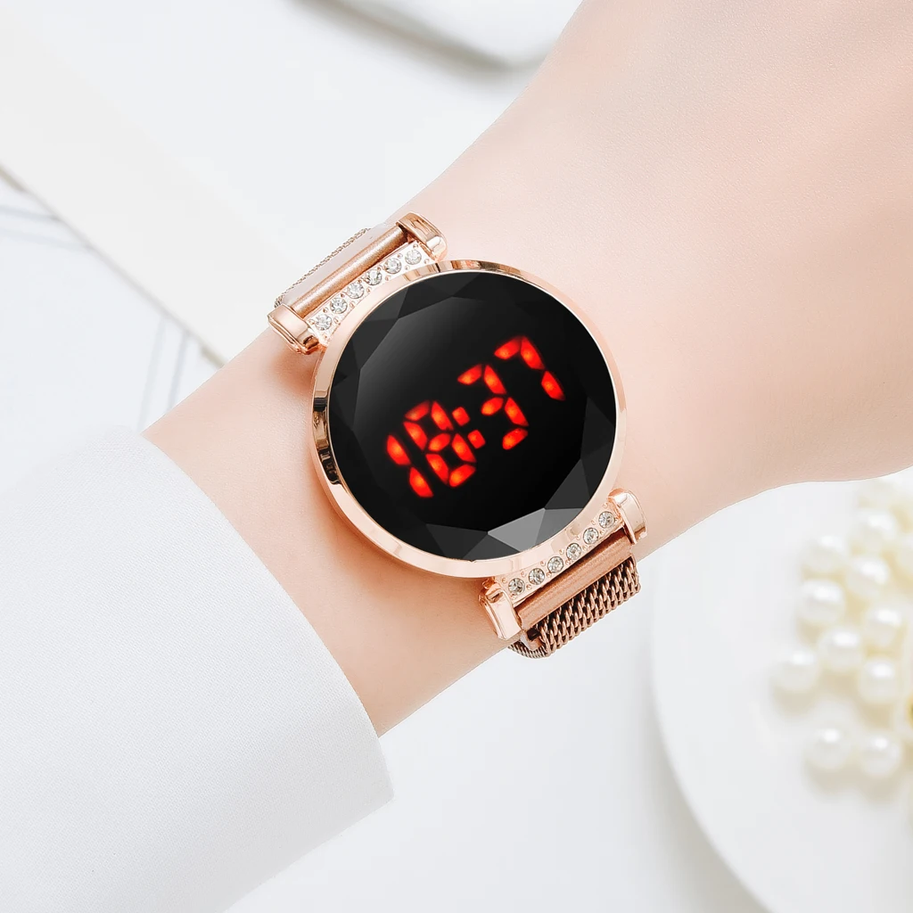 Luxury Women Magnetic Quartz Wristwatch Rose Gold Red LED Digital Bracelet Watch Quartz Watch Ladies Clock relogio feminino