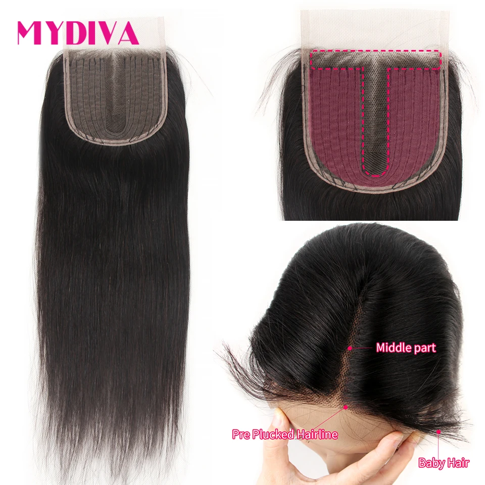 Mydiva-pelo Natural brasileño Remy con cierre de encaje, cabello humano 4x4, liso, prearrancado