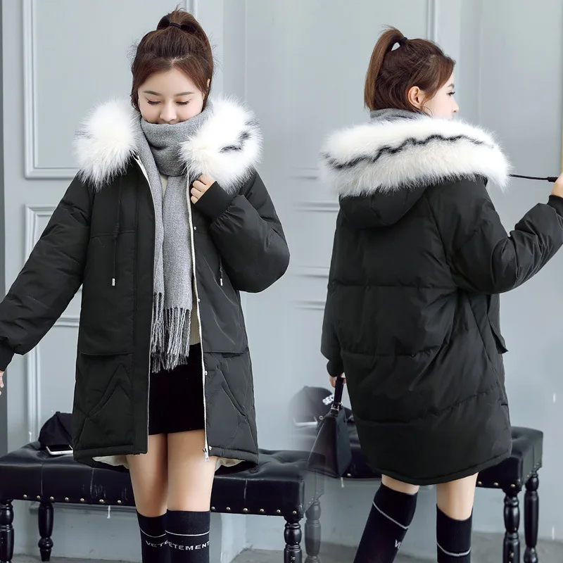 ##BUY 2019 Winter Parka Jacket Women Fur Collar Thickening Velvet Warm Mid long Coat Loose Sister Cotton Comfortable And Breathable