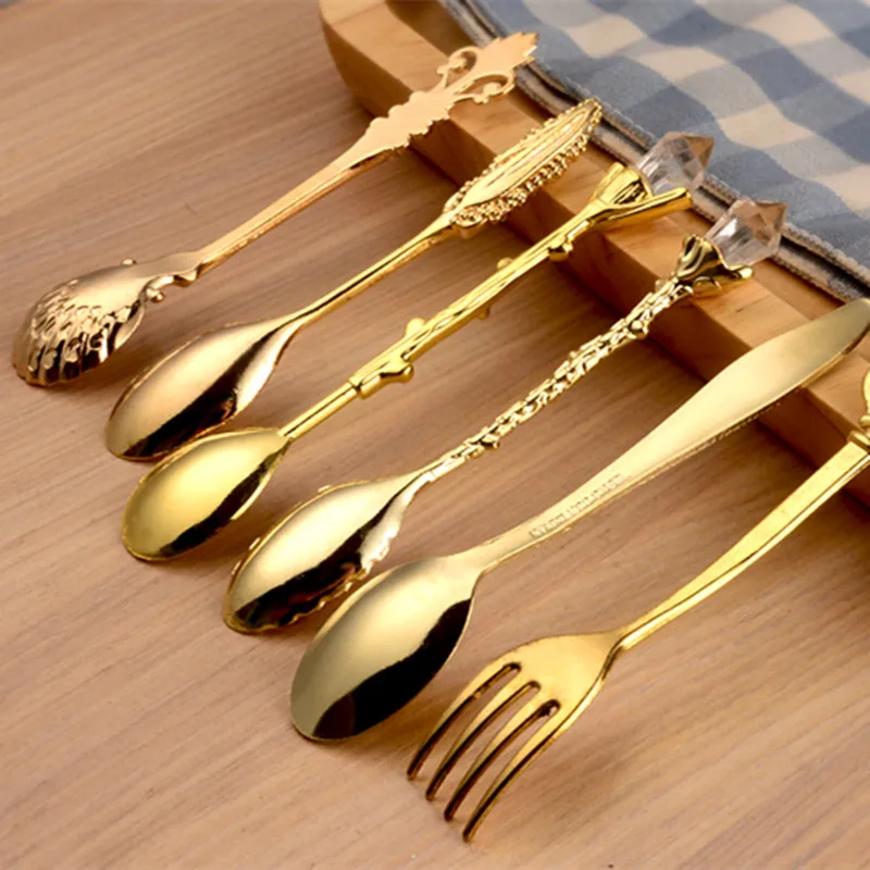 6PCS/Set Vintage Royal Style Metal Spoons Forks DIY Carved Fork Table Spoon Antique Tea Spoons Coffee Spoon Dessert Fork