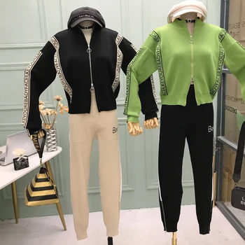 

Autumn Women Two Piece Set Top And Pants Zipper Knitted Cotton Letter Casual Long Sleeve Coat Ladies Leggings Pants Female