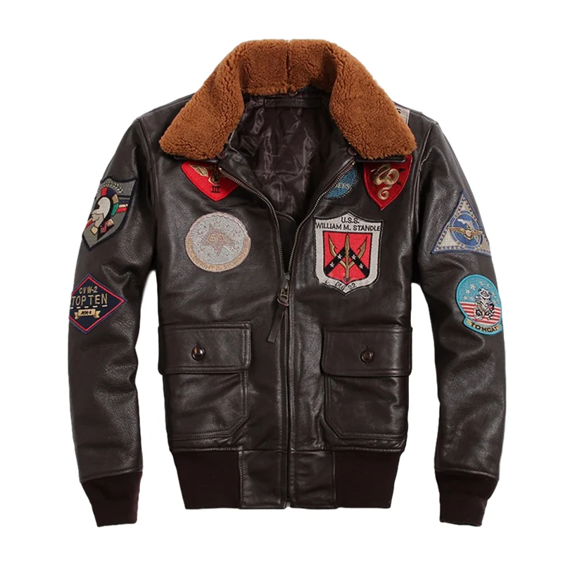 

2020 Dark Brown Military Style Pilot Leather Jacket Wool Collar Europe Size XXL Genuine Thick Cowhide Winter Warm Aviator Coat