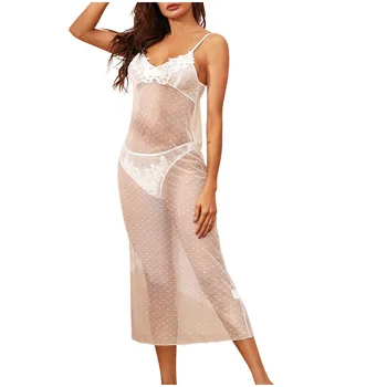 

Sexy Sheer Lace Sleepwear Women Floral Embroidery Long Gown Sexy Nightgown Nightie Femme Slips Nightdress Plus Size Home Clothes